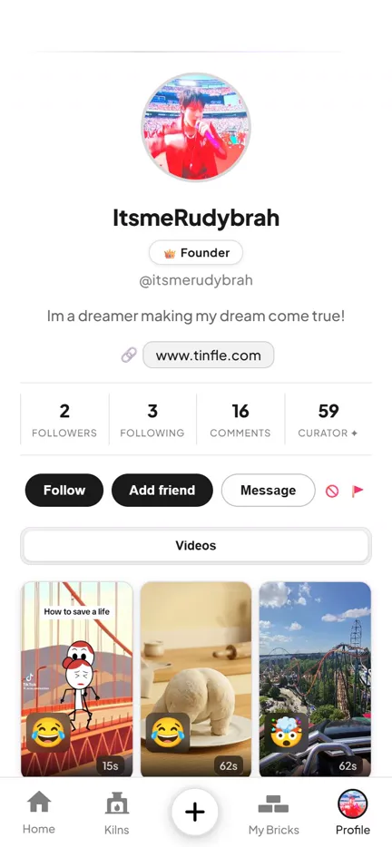 A Tinfle profile: videos, friends, and stats